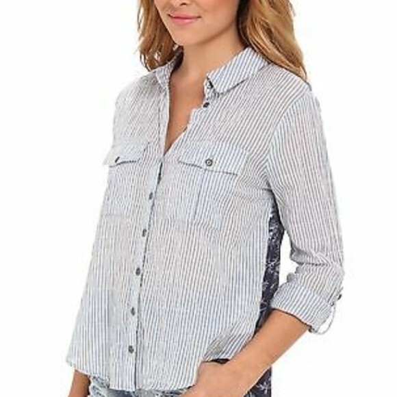 Free People shirt blue and white stripe navy floral top small s summer blouse - Picture 2 of 8